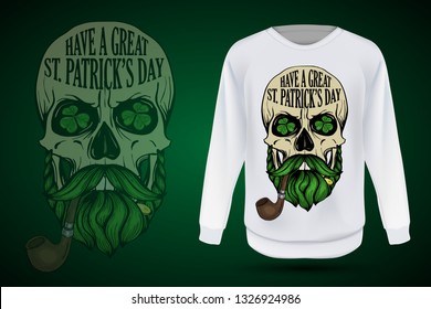 Hand drawn angry skull of leprechaun on jumper. Vector illustration, EPS 10