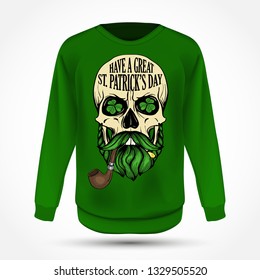 Hand drawn angry skull of leprechaun on jumper. Vector illustration, EPS 10