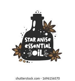 Estilo de boceto de aceite esencial de árbol de hielo dibujado a mano. Aromaterapia, medicina popular y alternativa. Dibujo de hierbas estilizadas con tinta badyan. Frasco de color con aceite grabado dibujo de estrella. 