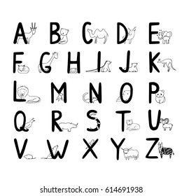 Hand Drawn Animal Alphabet for Kids. Cute Wild Animals. Uppercase alphabet set. Vector illustration.