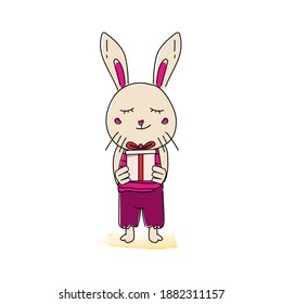 Hand drawn animal bunny bring a gift box design vector