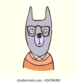 hand drawn animal character, cute rabbit in glasses, hipster style, outlines, colorful vector illustration