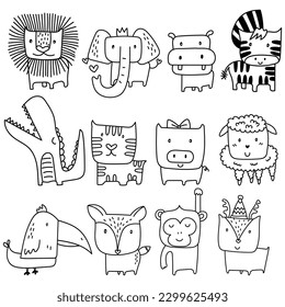 Hand drawn animal collection consisted of lion,elephant,zebra,hippopotamus,crocodile,tiger,pig,sheep,bird,fox,monkey,deer. Vector illustration in doodle art style on white background