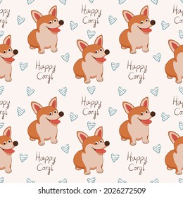 Hand drawn animal dog seamless pattern of happy corgi vector design. Cute animal background. Corgi dog pattern.