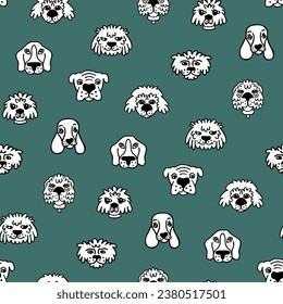 Hand drawn animal dogs for children's jacket fabric print. Seamless pattern with cute pets. Pattern for design of canine veterinary product. Black and white doodle with puppy face of different breeds.