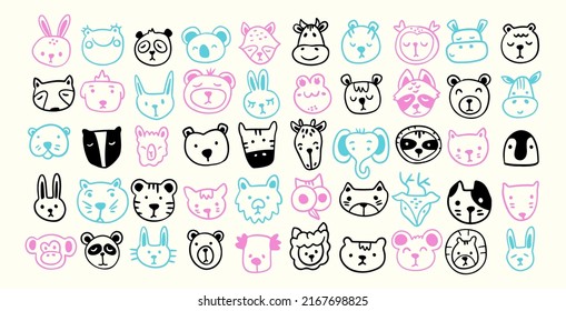 Hand drawn animal doodle avatar icon. Isolated vector collection