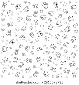 Hand drawn animal doodle seamless pattern featuring wild and domestic animal icons in outline style.