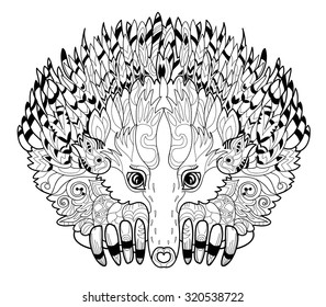 Hand drawn animal  Echidna hand drawn in zentangle style. Vector monochrome sketch doodle.Tattoo, totem, coloring page.