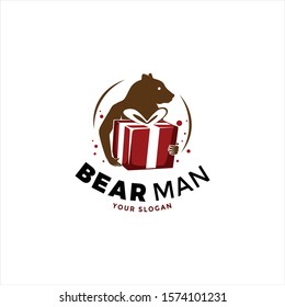 Hand drawn animal half man bring box of gift logo vector. Deer, rabbit, lion, bear head human body silhouette icon. Funny fauna to make happiness feel. vintage modern look. apply to web, mobile phone