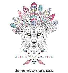 hand drawn animal illustration, cheetah aztec style, native american poster, t-shirt design