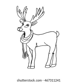 Hand drawn animal illustration with deer, vector. Lovely Christmas deer Rudolph in scarf. Sketch style. Isolated on white background. Deer for prints, postcards, clothes designs, coloring book pages.