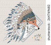 hand drawn animal illustration, fox warrior in war bonnet, native american poster, t-shirt design