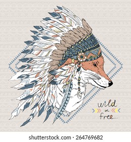 hand drawn animal illustration, fox warrior in war bonnet, native american poster, t-shirt design