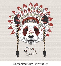 hand drawn animal illustration, panda cherokee in war bonnet, native american poster, tribal t-shirt print