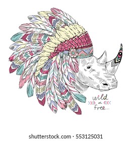 hand drawn animal illustration, rhino warrior in war bonnet, native american poster, t-shirt design