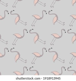 Patrón ininterrumpido de los animales dibujados a mano con formas exóticas de flamingo. Pintura de paleta gris. Diseño sencillo. Ilustración vectorial para impresiones textiles estacionales, tela, carteles, telas de fondo y papel pintado.