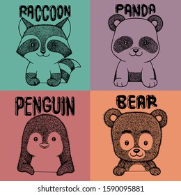 Hand drawn animal set collection, panda, raccoon, penguin and bear