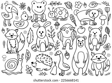 Hand drawn animal set. Cute farm or forest line collection
