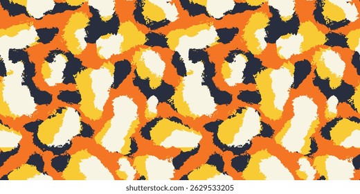 Hand Drawn animal skin and fur print seamless pattern with nature whimsical shapes, spots, dots and lines with textures. Vibrant jungle boho print. Modern exotic collage print