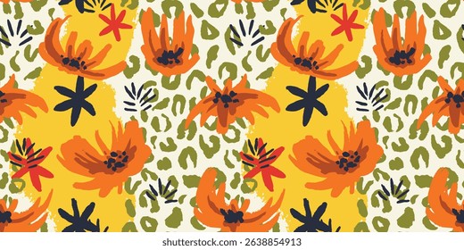 Hand Drawn animal skin and fur print seamless pattern with nature whimsical shapes, spots, dots and lines with textures. Vibrant jungle boho print. Modern exotic collage print