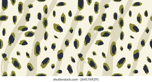 Hand Drawn animal skin and fur print seamless pattern with nature whimsical shapes, spots, dots and lines with textures. Vibrant jungle boho print. Modern exotic collage print