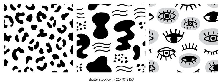 Hand drawn animal skin shapes seamless pattern set, Black and white spots texture collection. Abstract background for wrapping paper, textile, wallpaper. Creative monochrome backgrounds patterns.