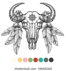 Hand drawn animal skull coloring design with color swatches on white background. Vector illustration