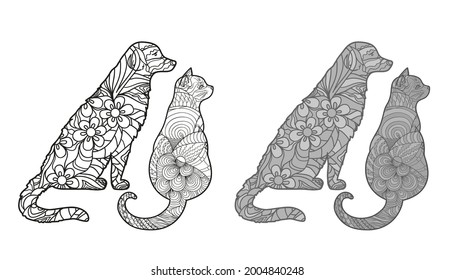 Hand drawn animals with abstract patterns on isolated background. Abstract characters. Different color options. Black and white illustration