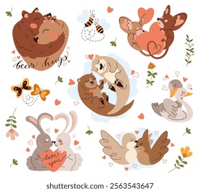 Hand Drawn Animals Couples Set. Valentines Day cartoon characters with hearts and flowers. Hugging bears, otters, rabbits, mice, swans, doves, insects. Romance love concept. Flat vector illustration.