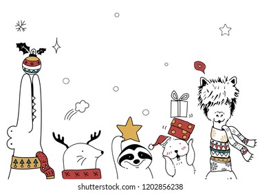 Hand drawn animals enjoying a Christmas holiday