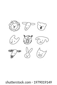 Hand drawn animals faces in line art style, modern minimalism art, vector illustration
