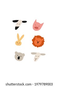Hand drawn animals faces in line art style, modern minimalism art, vector illustration