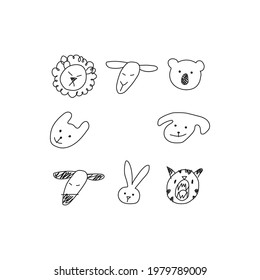 Hand drawn animals faces in line art style, modern minimalism art, vector illustration