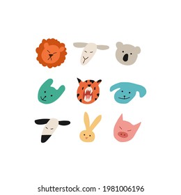 Caras de animales dibujados a mano en estilo de arte en línea, arte de minimalismo moderno, ilustración vectorial