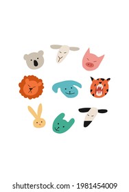 Hand drawn animals faces in line art style, modern minimalism art, vector illustration