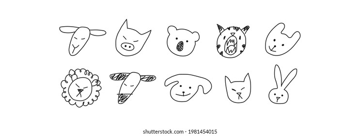 Hand drawn animals faces in line art style, modern minimalism art, vector illustration