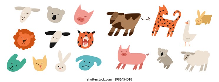 Hand drawn animals faces in line art style, modern minimalism art, vector illustration