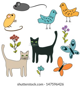 Hand drawn animals and flowers set