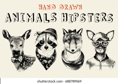 Hand drawn animals hipsters set in vintage style. Vector illustration