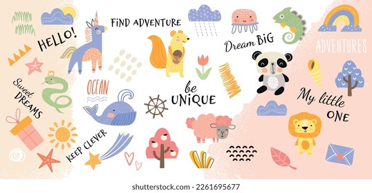Hand drawn animals with inscription. Positivity and optimism, invitation and greeting postcard design. Unicorn, whale, squirrel with nuts and panda, sheep and lizzard. Cartoon flat vector illustration