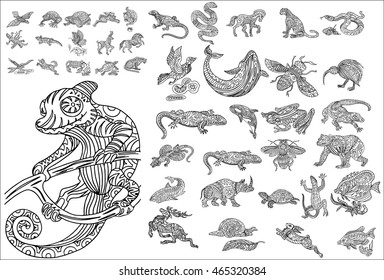 Hand drawn animals set, with ethnic floral doodle pattern. Coloring page - zendala, design for spiritual relaxation for adults, vector illustration, isolated on a white background. Zen doodles.