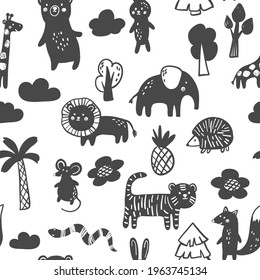 Hand drawn animals silhouette seamless pattern in scandinavian style. Cute vector nursery background for fabric, textile, apparel and other covering design