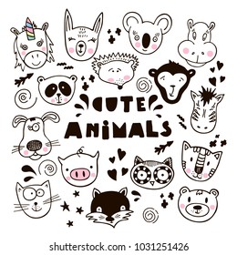 Animales dibujados a mano, diseño simple. Conjunto de doodle lindo. Se puede usar para libros escolares y carteles de dibujo, camiseta Imprimir y caricatura personaje.