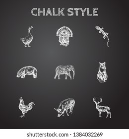 Hand drawn animals sketches set. Collection of deer, rooster, duck and other sketch elements.