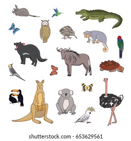 Hand drawn animals vector doodle graphic illustrations set