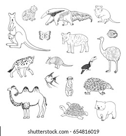 Hand drawn animals vector doodle graphic illustrations set