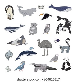 Hand drawn animals vector doodle graphic illustrations set