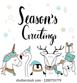 Hand drawn animals wishing a Merry Christmas