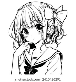 hand drawn anime girl illustration coloring page adult coloring, manga girl illustration, black outline