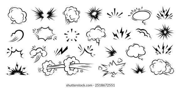 Hand drawn anime manga doodle line elements set. Collection of graphic effects for character emotion, speech bubble. Vector illustration of express shape, anime movement on white background 